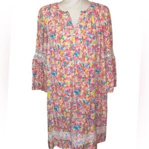 CROWN & IVY Whimsical Spring Mini Dress Bell Sleeves PNK/MLT SZ Petite X-LARGE